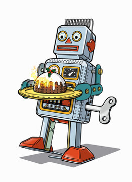 Toy robot bringing metal Christmas pudding