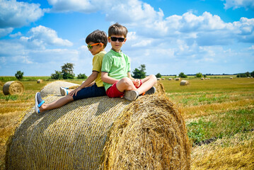 Naklejka na ściany i meble Two little boy stand among round haystack. Field with round bale