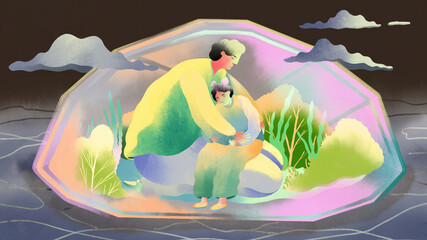 Mother comforting daughter inside protective dome