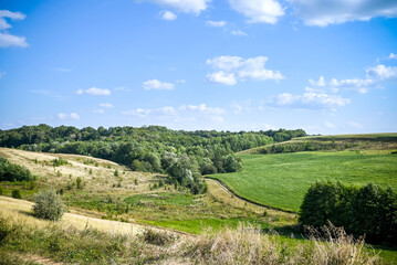 Green Grass Field Landscape with fantastic clouds in the backgro