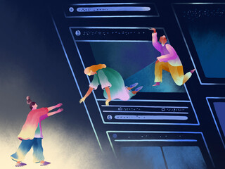 Girl being helped to climb into smartphone screen