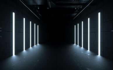 Modern Sci Fi Futuristic Dark Room Corridor Neon Light Glowing Technology Illustration 3d Rendering