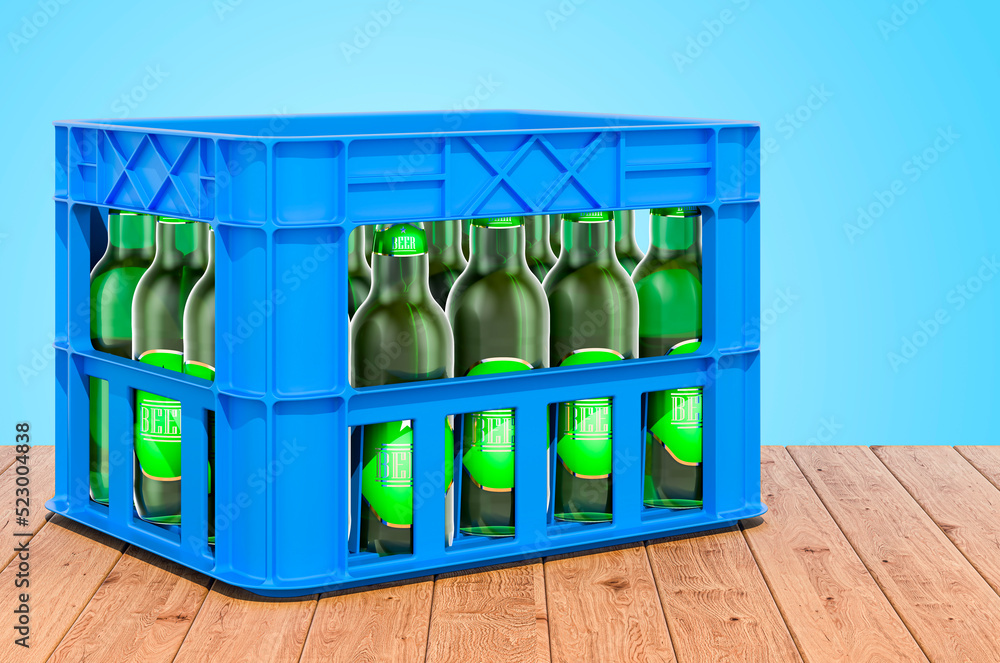 Poster crate with beer bottles on the wooden table, 3d rendering