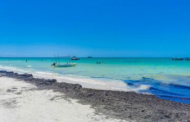 Fototapeta na wymiar Beautiful Holbox island beach sandbank panorama turquoise water people Mexico.