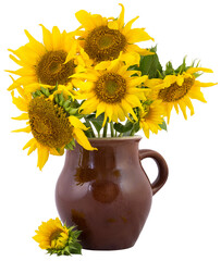  summer yellow bouquet of small sunflowers in a ceramic jug