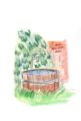 Drawing: wooden bath-tub for spa in open air