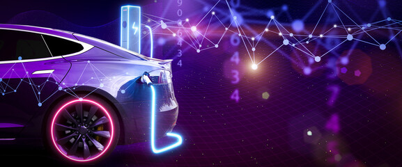 Electric car futuristic banner background. Charging the battery of an electric car on a bright, neon, cyberpunk, digital abstract background. Technology, automotive, industry concept.