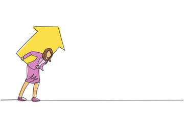 Single continuous line drawing of young female manager shouldered up arrow symbol on back. Professional businesswoman. Minimalism concept dynamic one line draw graphic design vector illustration