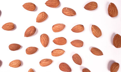 Almonds top view isolated on white background.