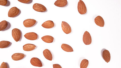 Almonds top view isolated on white background.