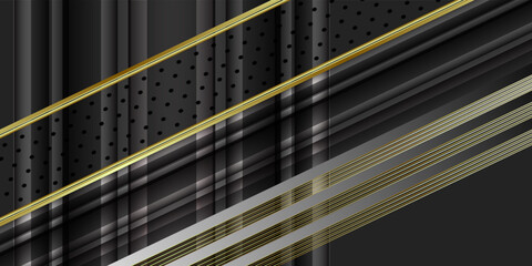 Obraz premium Black abstract geometric background. Modern shape concept with gold light vector illustration.