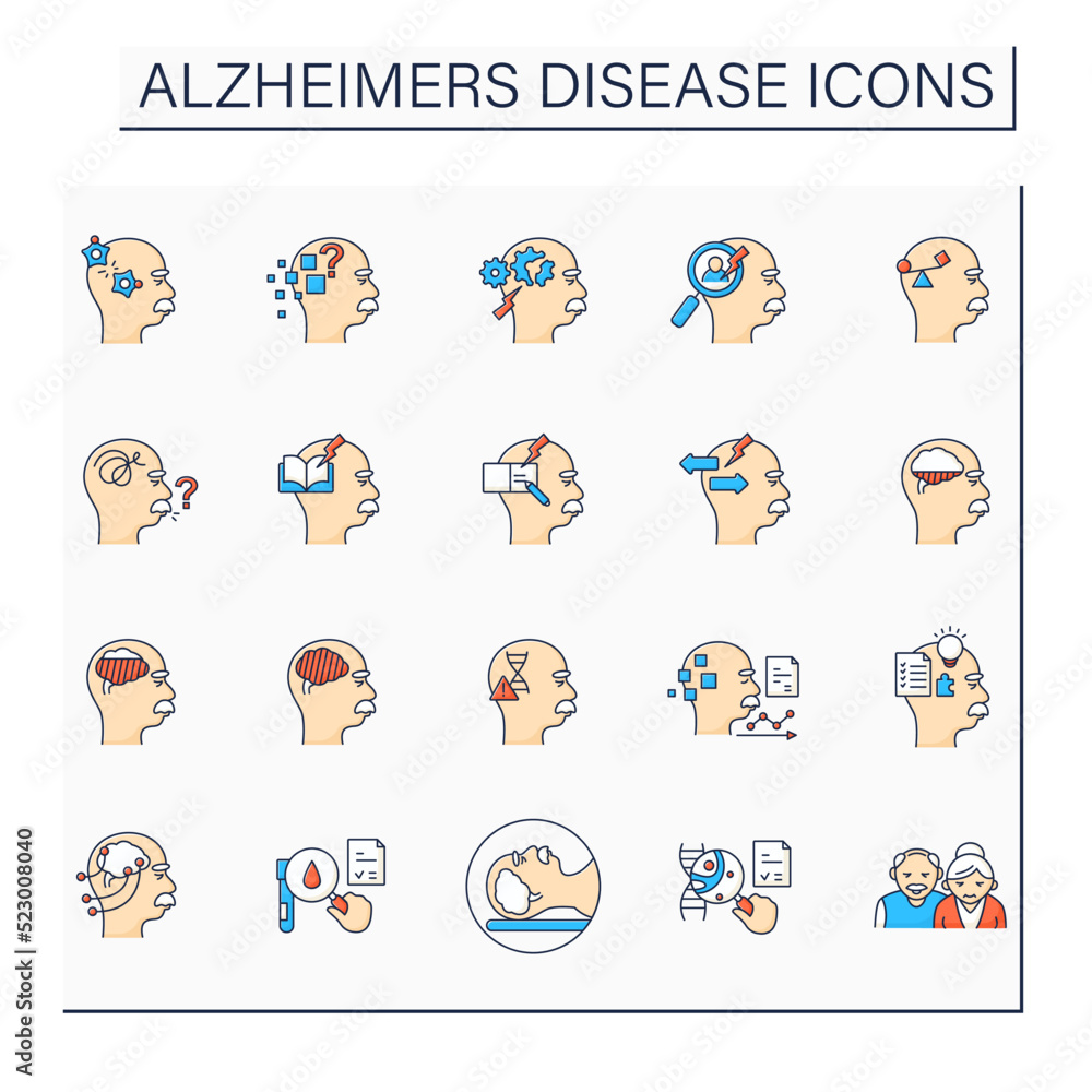 Poster alzheimer disease color icons set.memory loss, language problems, impulsive behaviour.neurologic dis