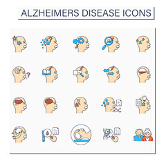 Alzheimer disease color icons set.Memory loss, language problems, impulsive behaviour.Neurologic disorder concept.Isolated vector illustrations