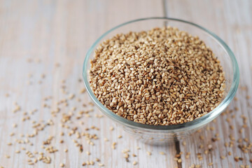 Sesame seeds in a small glass bowl