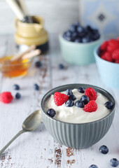 A bowl with Greek yogurt with berries