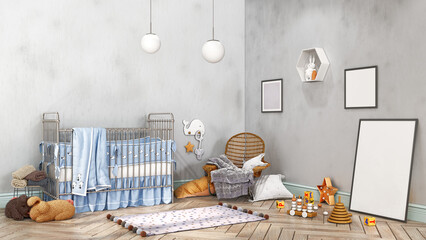 Modern children room with metal cradle. pompom rug and wicker rocking chair, other toys and decor, 3d illustration
