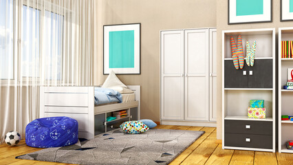 Boy's children room with black and white bed and furniture, bright blue beanbag chair and toys, 3d illustration