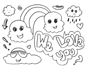 cute kawaii rainbow, cloud with rain with we love you text. doodle cartoon style.