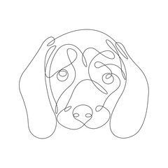 Silhouette of a dog's head drawn in a continuous line. Design suitable for tattoo, decor, mascot, poster, postcard, emblem, badge, logo, t-shirt print. Isolated vector illustration