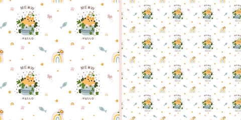 Seamless pattern with cute cats in flowers on a white background. Children's texture in scandinavian style for fabric, textile, clothing, nursery decoration. Vector illustration