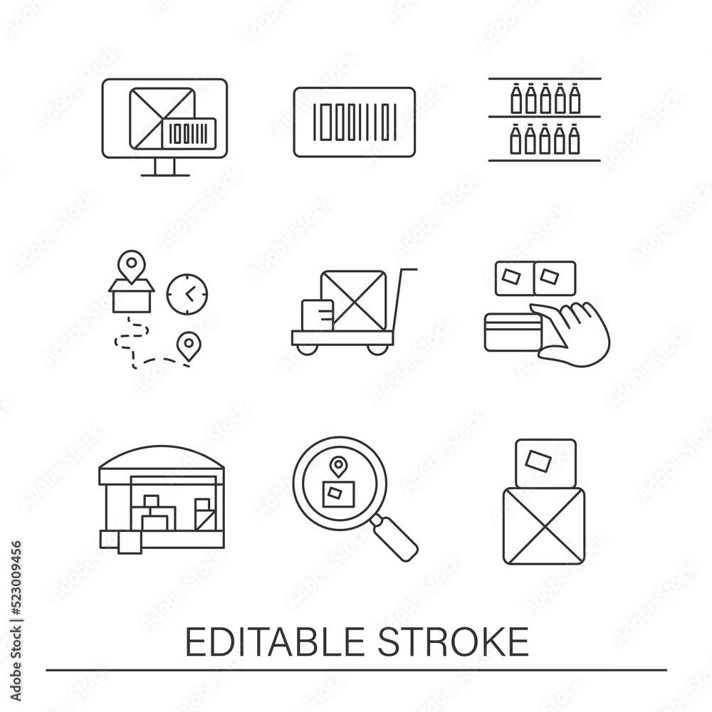 Poster inventory tracking line icons set. checking and tracking cargo by barcode. business concepts. isolat