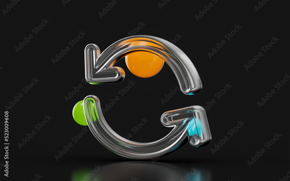 Poster refresh arrow sign glass morphism on dark background 3d render concept for update again