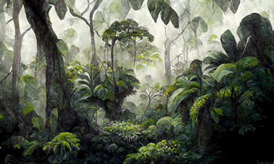 rainforest,  jungle, lush vegetation, digital art, background - obrazy, fototapety, plakaty