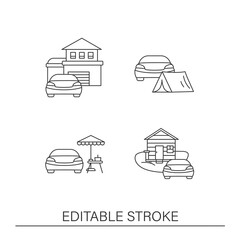  Driving car line icons set. Parking zone, trip by car. Transportation passengers. Transport concepts. Isolated vector illustrations. Editable stroke