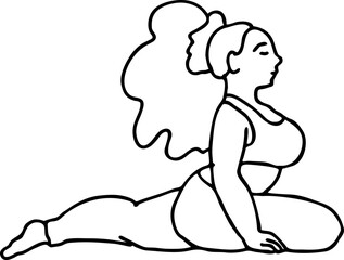 Curvy plus size woman has yoga class and make relaxation pose to be strong and trains her body. Hand drawn monochrome vector illustration.  Comics cartoon line drawing.