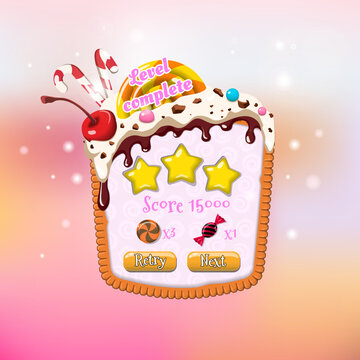 Candy casual game UI. Match-3 mobile GUI. Level complete display. Cartoon elements of victory screen. User interface window