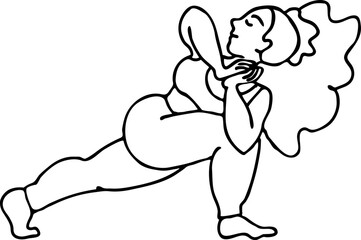 Curvy plus size woman has yoga class and make relaxation pose to be strong and trains her body. Hand drawn monochrome vector illustration.  Comics cartoon line drawing.