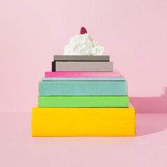 Books in a cake shape with raspberry on top. Love of reading concept.