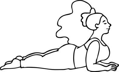 Curvy plus size woman has yoga class and make relaxation pose to be strong and trains her body. Hand drawn monochrome vector illustration.  Comics cartoon line drawing.