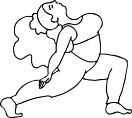 Curvy plus size woman has yoga class and make relaxation pose to be strong and trains her body. Hand drawn monochrome vector illustration.  Comics cartoon line drawing.