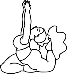 Curvy plus size woman has yoga class and make relaxation pose to be strong and trains her body. Hand drawn monochrome vector illustration.  Comics cartoon line drawing.