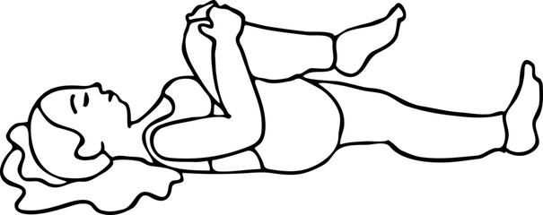 Curvy plus size woman has yoga class and make relaxation pose to be strong and trains her body. Hand drawn monochrome vector illustration.  Comics cartoon line drawing.