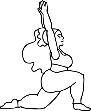 Curvy plus size woman has yoga class and make relaxation pose to be strong and trains her body. Hand drawn monochrome vector illustration. Comics cartoon line drawing. © Berolina