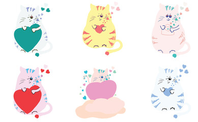 set of cats in love with hearts in clouds illustration