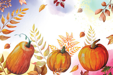 dry autumn leaves and pumpkin on a background of watercolor stains, illustration wallpaper