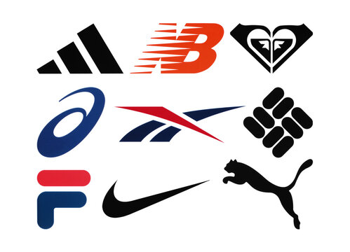 Set Of Popular Sportswear Manufactures Logos: Adidas, New Balance, Roxy, Reebok, Nike, Fila, Columbia, Asics And Puma