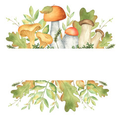 Fototapeta na wymiar Watercolor fall mushrooms frame. Autumn forest mushroom, plant, oak leaf, grass, moss. Botanical illustration. Isolated. For card, scrapbooking, home decor