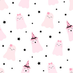 Seamless pattern cute pink ghosts Halloween vector illustration	
