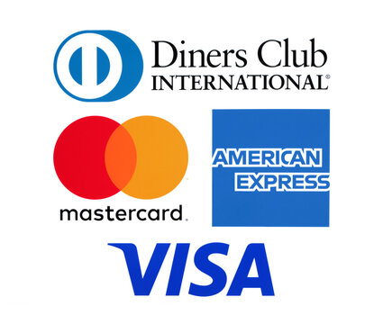 Collection of new popular payment system logos: American Express, MasterCard, Visa and Diners Club International