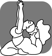 Curvy plus size woman has yoga class and make relaxation pose to be strong and trains her body. Hand drawn monochrome vector illustration.  Comics cartoon line drawing.