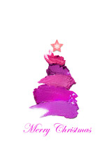 Creative concept holiday Christmas photo of cosmetics  beauty products lipstick in shape of tree.