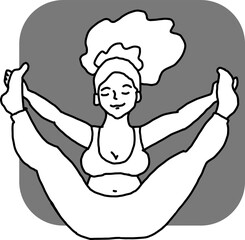 Curvy plus size woman has yoga class and make relaxation pose to be strong and trains her body. Hand drawn monochrome vector illustration.  Comics cartoon line drawing.