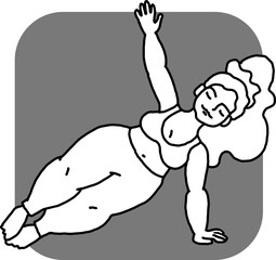 Curvy plus size woman has yoga class and make relaxation pose to be strong and trains her body. Hand drawn monochrome vector illustration.  Comics cartoon line drawing.