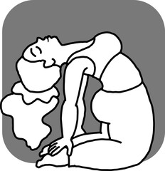 Curvy plus size woman has yoga class and make relaxation pose to be strong and trains her body. Hand drawn monochrome vector illustration.  Comics cartoon line drawing.
