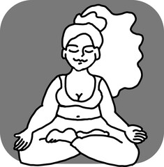 Curvy plus size woman has yoga class and make relaxation pose to be strong and trains her body. Hand drawn monochrome vector illustration.  Comics cartoon line drawing.