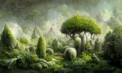 Fantasielandschaft mit vielen seltsamen Pflanzen und Vegetation, digitaler Kunsthintergrund